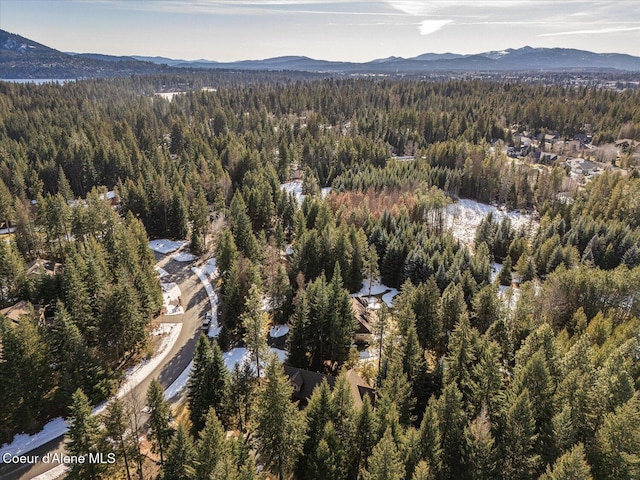 aerial view featuring a forest view and a mountain view