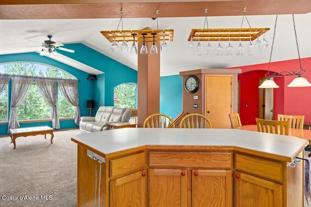 kitchen with carpet flooring, ceiling fan, decorative light fixtures, billiards, and lofted ceiling