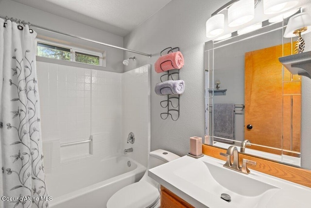 full bathroom with shower / bath combo, vanity, and toilet