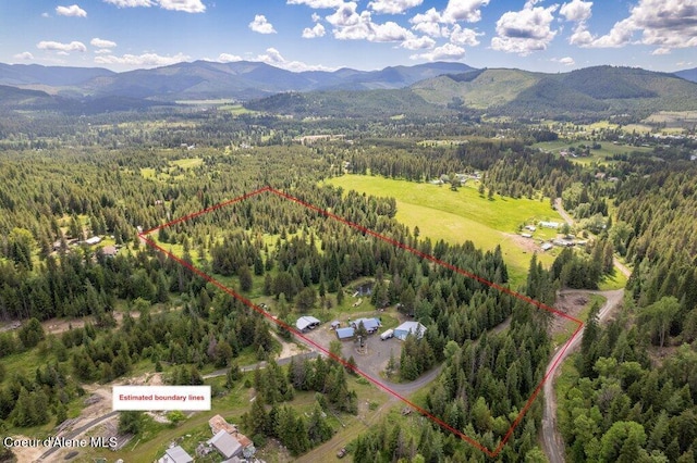 drone / aerial view featuring a mountain view