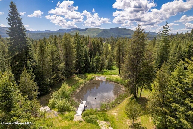 birds eye view of property with a water and mountain view