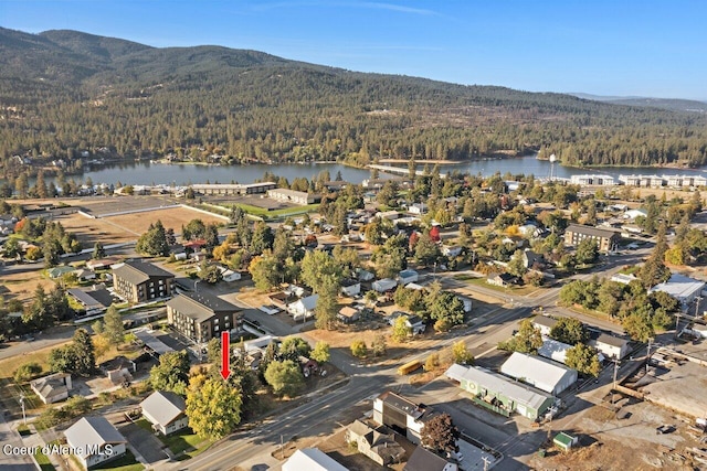 birds eye view of property with a water and mountain view