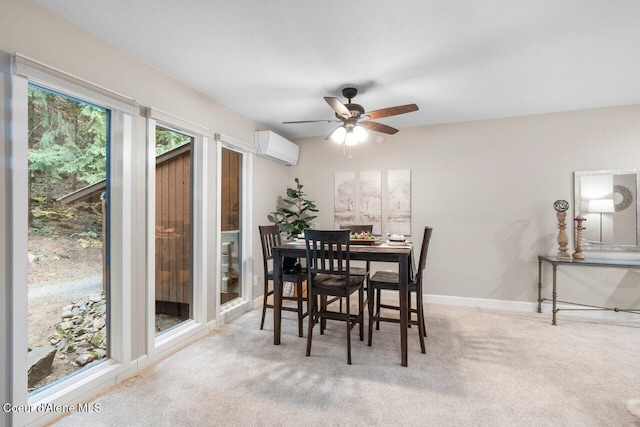 carpeted dining space featuring an AC wall unit and ceiling fan