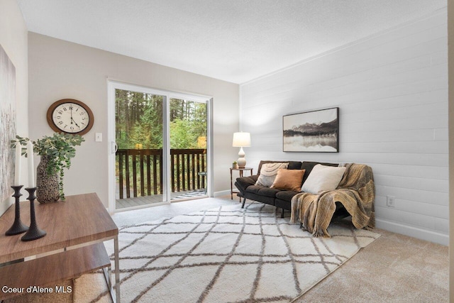 carpeted living room featuring a textured ceiling