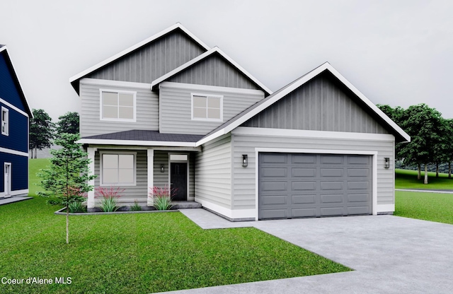 craftsman-style home featuring a front yard and a garage