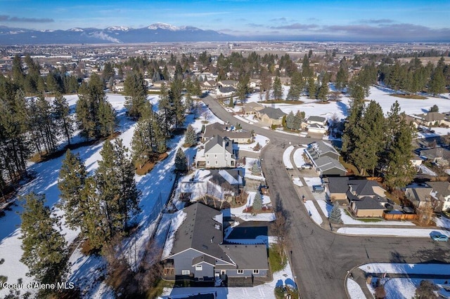 snowy aerial view with a mountain view