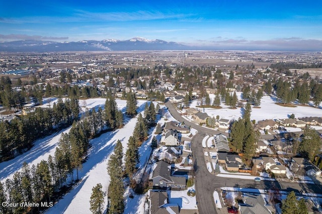 snowy aerial view featuring a mountain view