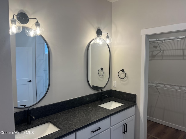 bathroom featuring hardwood / wood-style floors and vanity