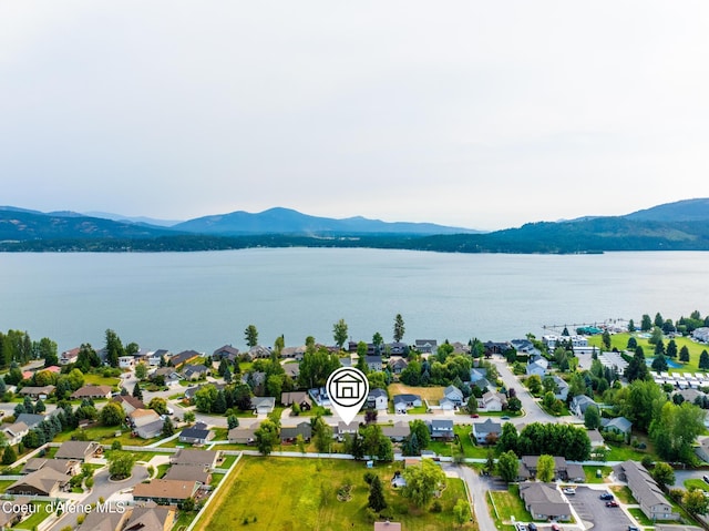 birds eye view of property featuring a water and mountain view