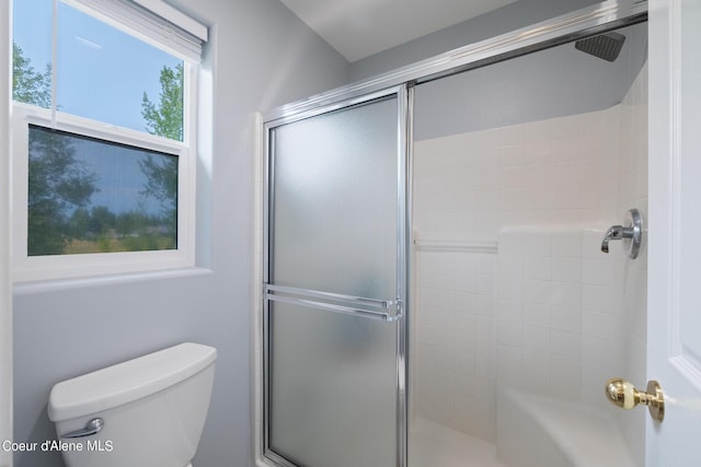 bathroom featuring toilet and a shower with door