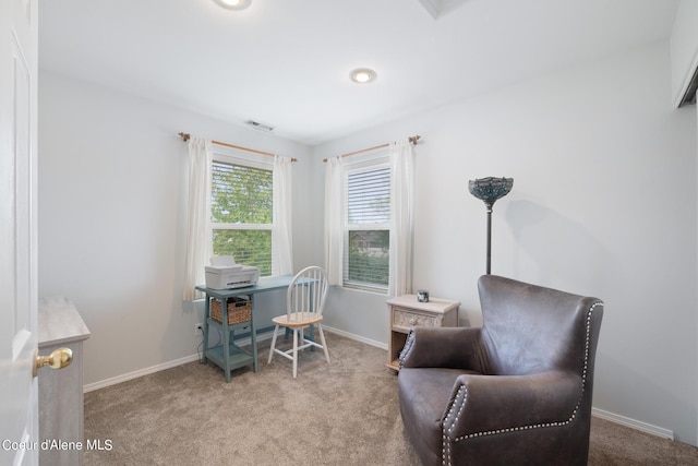 living area featuring light colored carpet