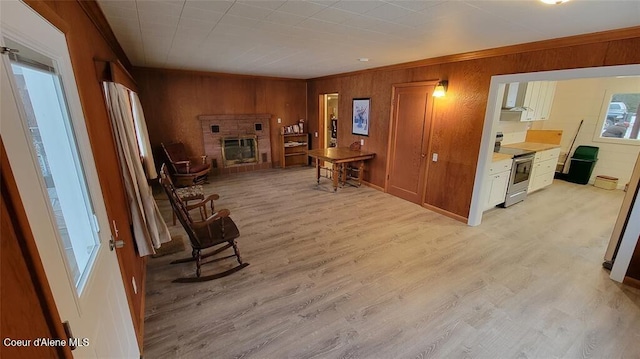 interior space featuring a fireplace, light wood-type flooring, and wood walls