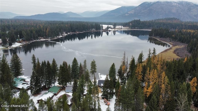 drone / aerial view featuring a water and mountain view