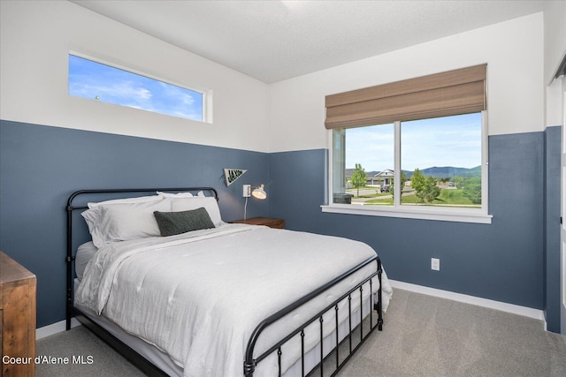 bedroom featuring a mountain view and carpet floors