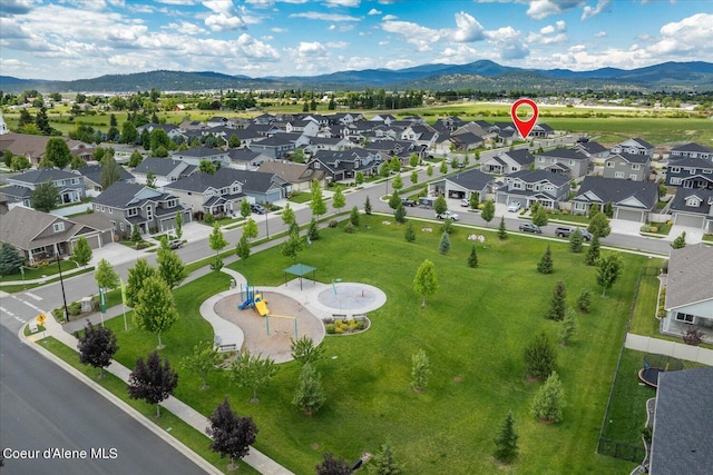 birds eye view of property with a mountain view