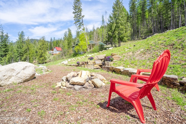 view of yard with a fire pit and a forest view