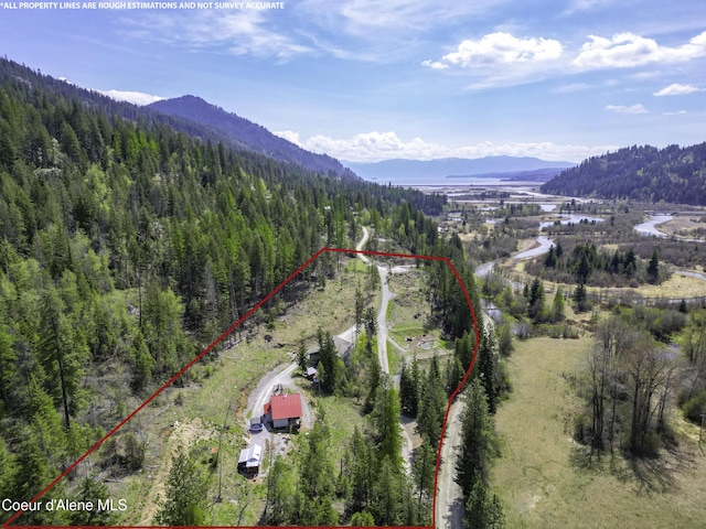 aerial view with a mountain view and a wooded view