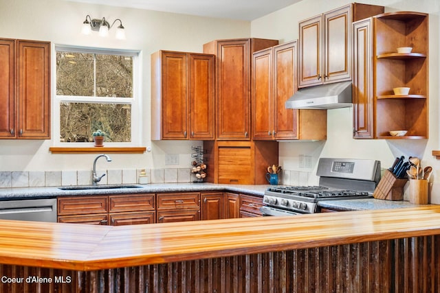 kitchen with butcher block countertops, sink, and stainless steel appliances