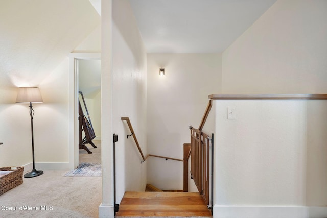 stairway with lofted ceiling and carpet flooring