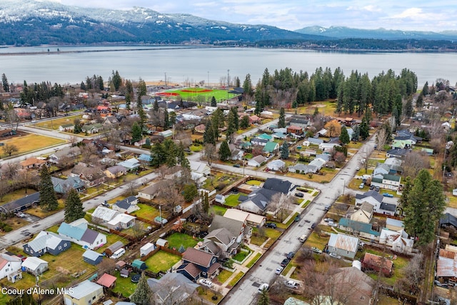 bird's eye view featuring a water and mountain view