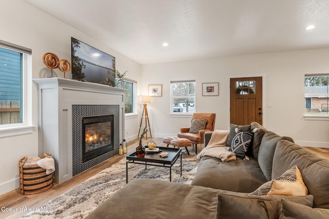 living room with a tile fireplace, light hardwood / wood-style flooring, and a healthy amount of sunlight