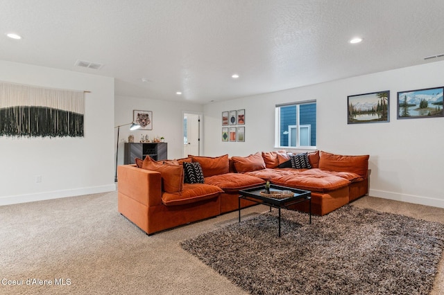 carpeted living room with a textured ceiling