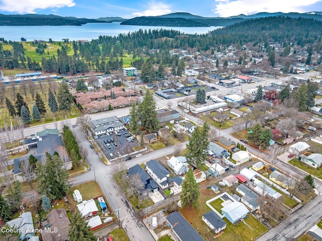 drone / aerial view featuring a water and mountain view