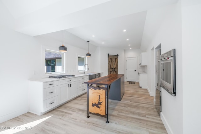 kitchen featuring appliances with stainless steel finishes, sink, a barn door, decorative light fixtures, and white cabinetry