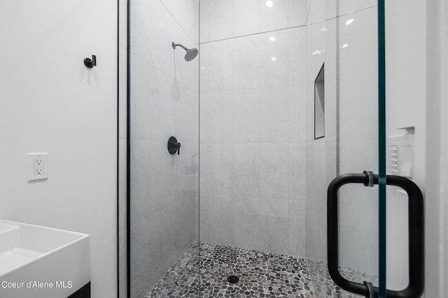 bathroom featuring walk in shower and sink