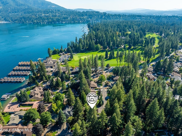 bird's eye view featuring a water and mountain view