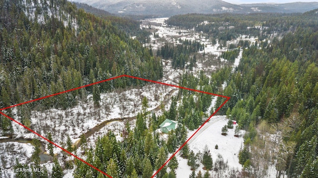 842 Eastriver Spur, Priest River, ID 83856 - snowy aerial view featuring a mountain view, a wooded view, and property parcel outlined