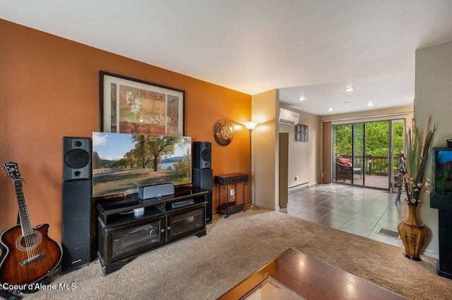 living room featuring baseboard heating, carpet flooring, and an AC wall unit