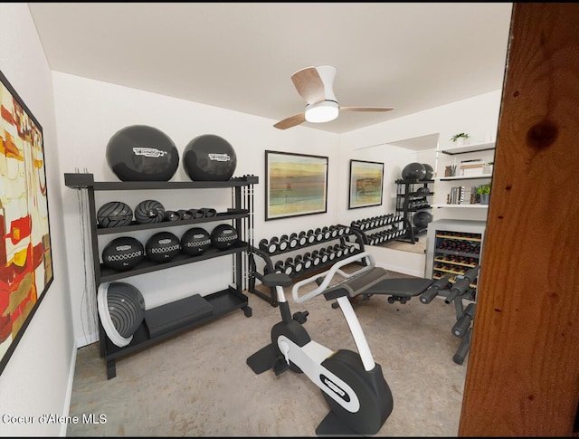 exercise room featuring ceiling fan