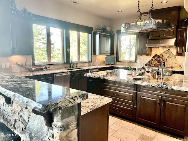 kitchen featuring dishwasher, pendant lighting, dark brown cabinets, and sink