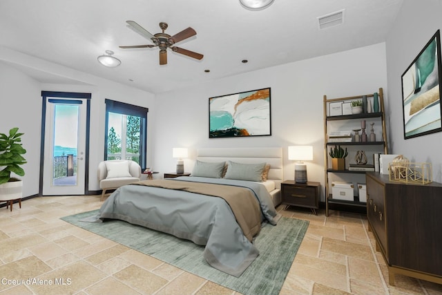 bedroom featuring access to exterior and ceiling fan