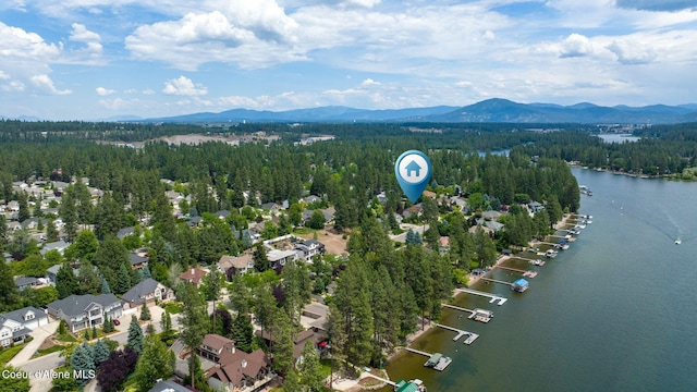 drone / aerial view featuring a forest view and a water and mountain view