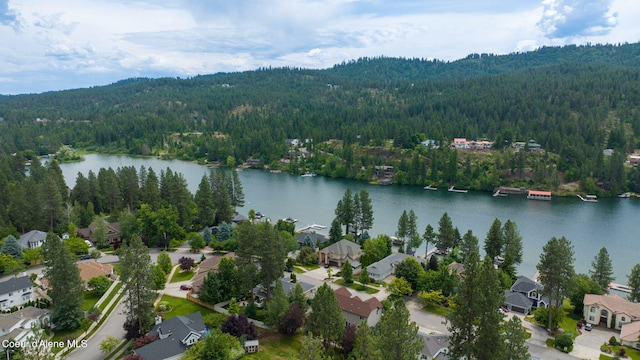 aerial view featuring a water view and a wooded view