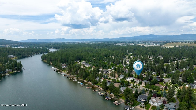 drone / aerial view featuring a forest view and a water and mountain view