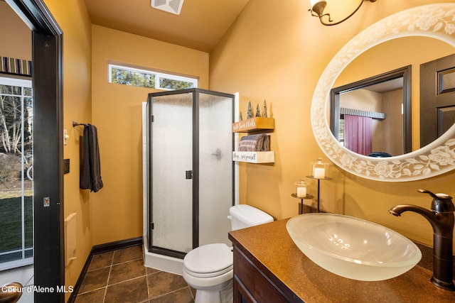 full bathroom with tile patterned floors, toilet, a stall shower, and vanity