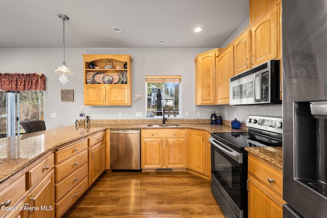 kitchen featuring a sink, stainless steel appliances, light stone countertops, and dark wood-type flooring