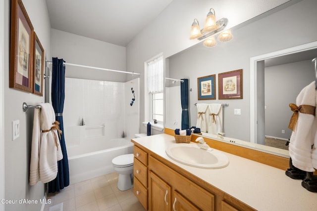 full bathroom with toilet, shower / bath combo, and vanity