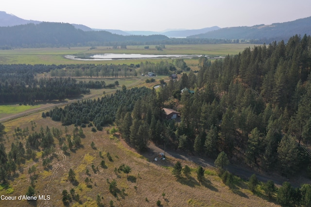 aerial view featuring a rural view and a water and mountain view