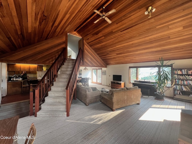 living room with ceiling fan, high vaulted ceiling, and wood ceiling