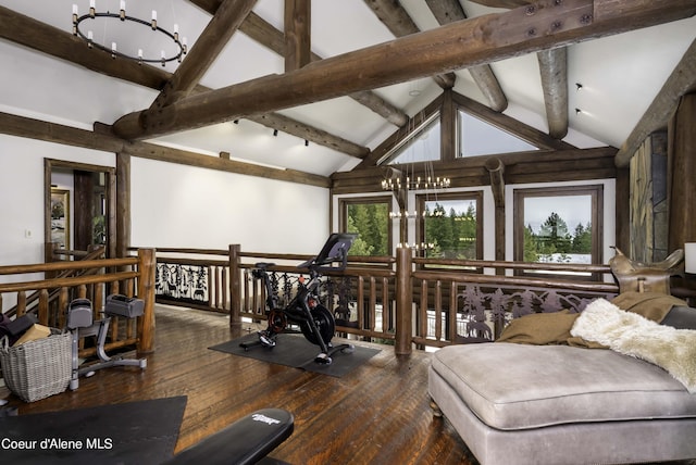 16692 S Lazurite Dr, Coeur Dalene, ID 83814 - workout area with hardwood / wood-style floors, vaulted ceiling, and an inviting chandelier