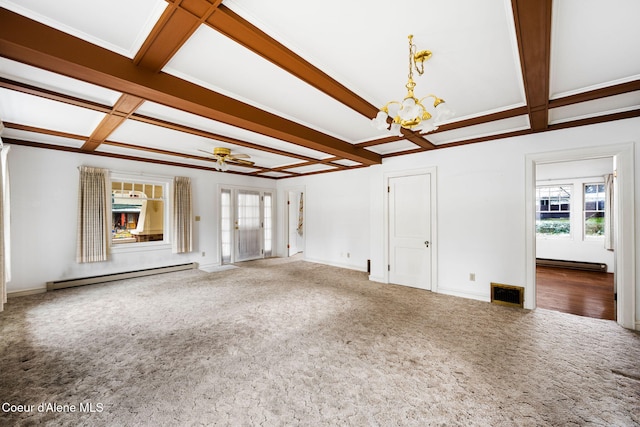 unfurnished living room with beam ceiling, ceiling fan with notable chandelier, a baseboard radiator, and coffered ceiling