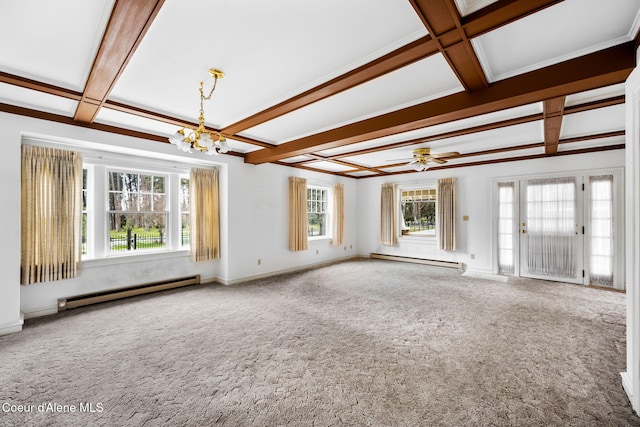 unfurnished living room with coffered ceiling, carpet flooring, beamed ceiling, and a baseboard radiator