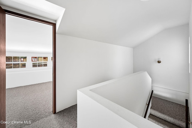 hallway featuring lofted ceiling and carpet floors