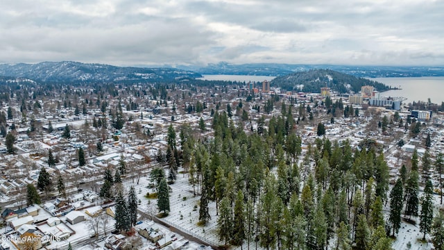 snowy aerial view featuring a water and mountain view