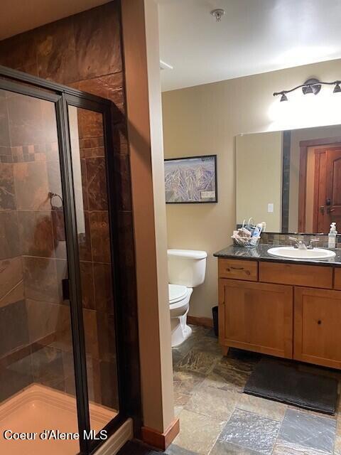 bathroom with vanity, toilet, and a shower with door