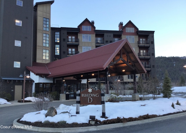 view of snow covered building